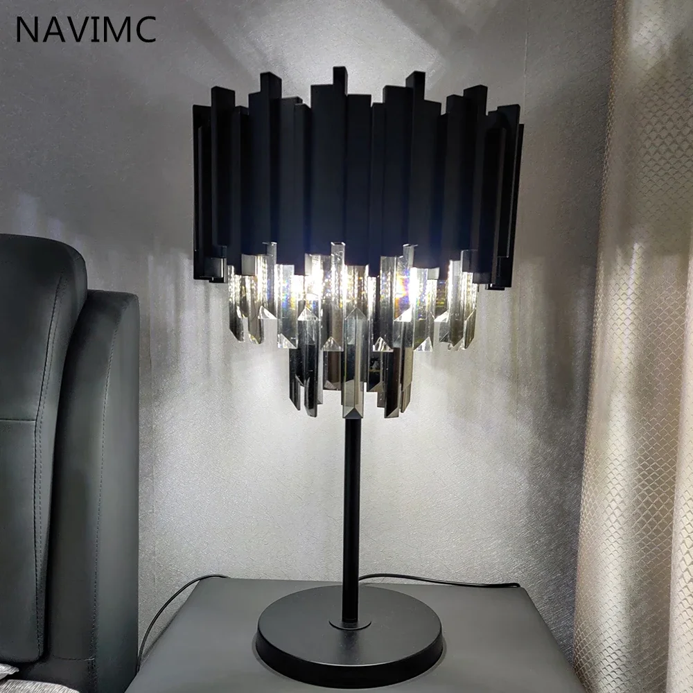 NAVIMC Modern Bedroom Table Lamp Black Polished Steel Crystal Desk Decor Light fixtures Living Dining Room luminaria de mesa