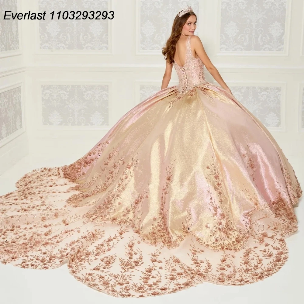 EVLAST Shiny fucsia Quinceanera Dress Ball Gown Gold Lace Applique Beading Crystal con Cape Sweet 16 Vestido 15 De aecos TQD216