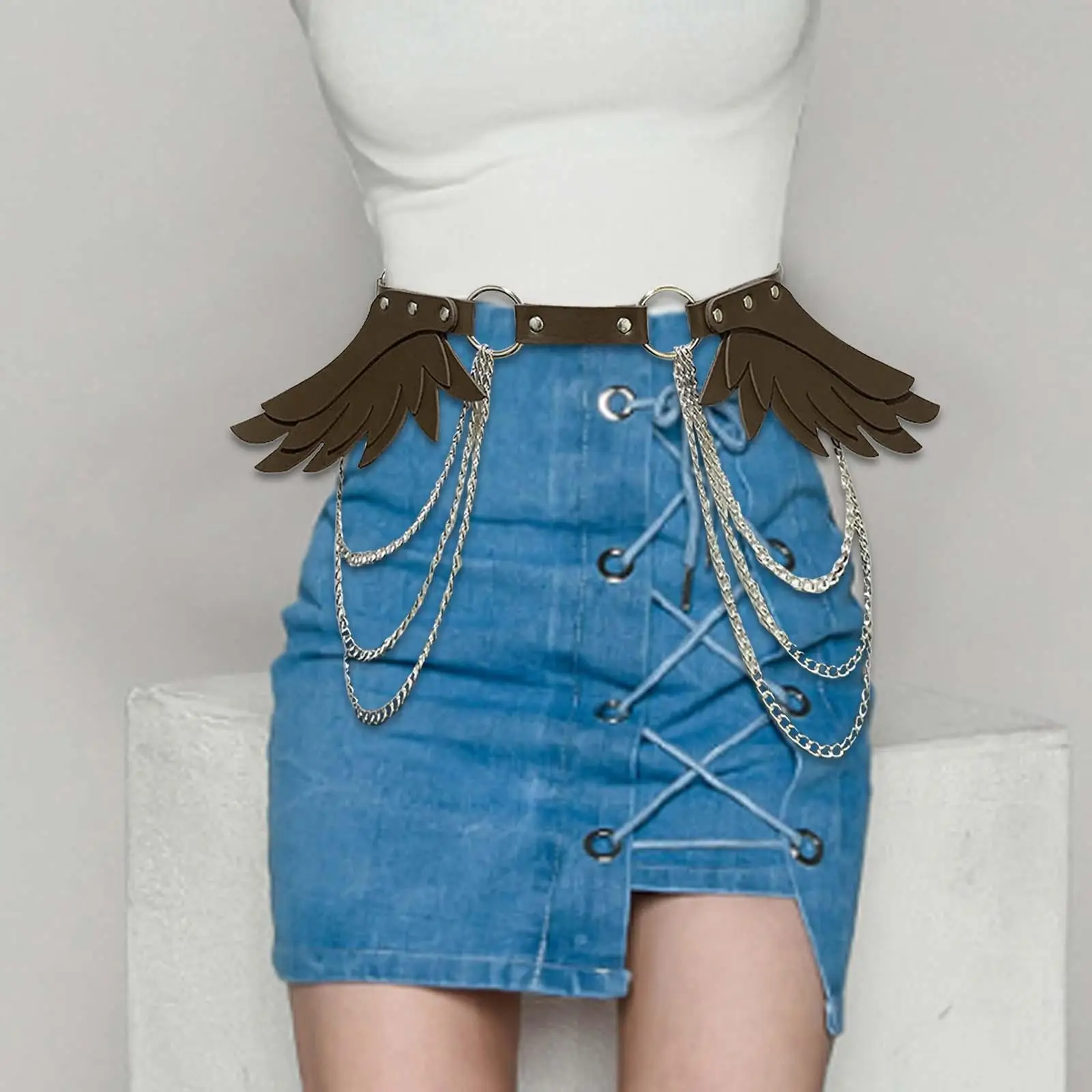 Waist Chain Belt Gothic Belt Retro PU Leather with Wing Fashion Women Belt Waist Harness for Pants Jeans Cosplay Party