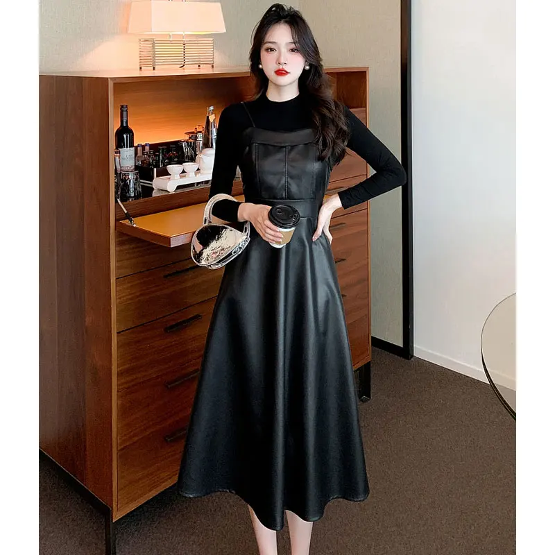 

2023 French PU Leather Black Dress Set Sexy Medium Long Suspender Dress bottomed Blouse Two-piece Suit Korea Party Club Outfits