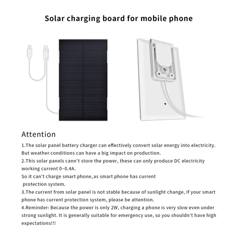 شاحن لوح شمسي للهاتف المحمول ، ألواح شمسية صغيرة محمولة 2 وات مع كابل شحن 2 في 1 ، IP65 للتخييم وحقيبة الظهر