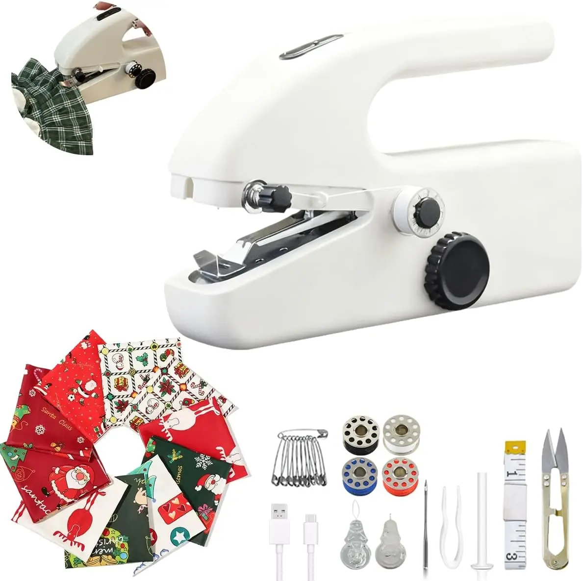 

Mini Sewing Machine for Beginners with Christmas Fabric and Accessories, Perfect DIY Gift for Clothing Repairs