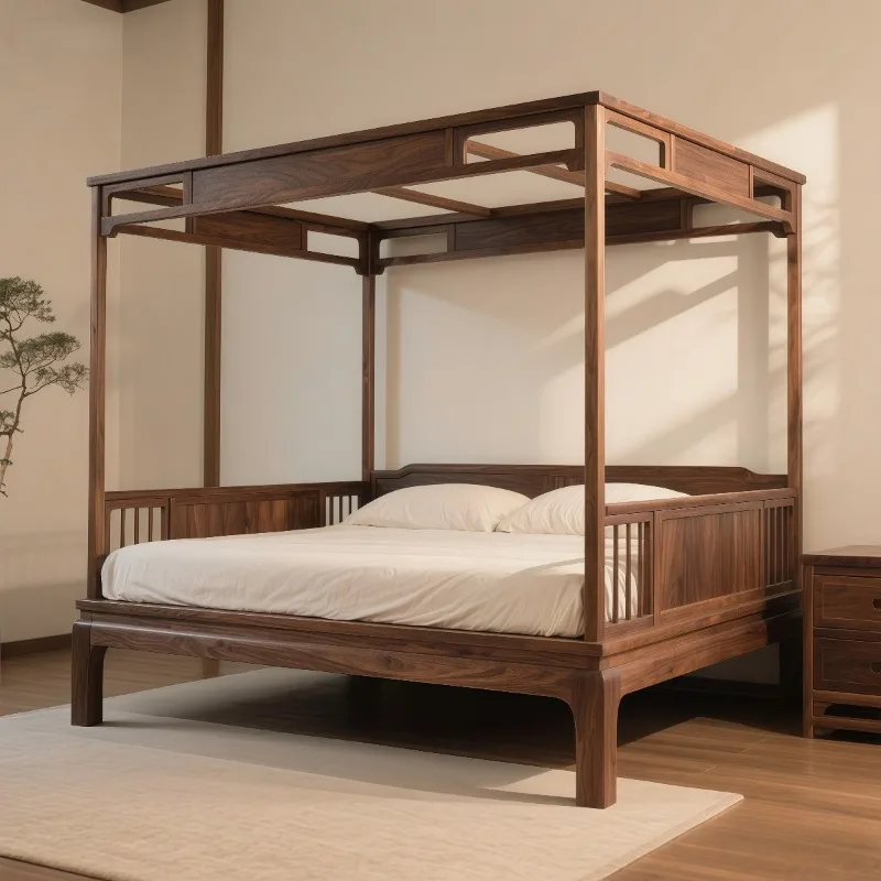 aesthetic solid wood four-poster bed 1.8 meters 8 double bed Middle ancient style Ming and Qing antique pullout bed