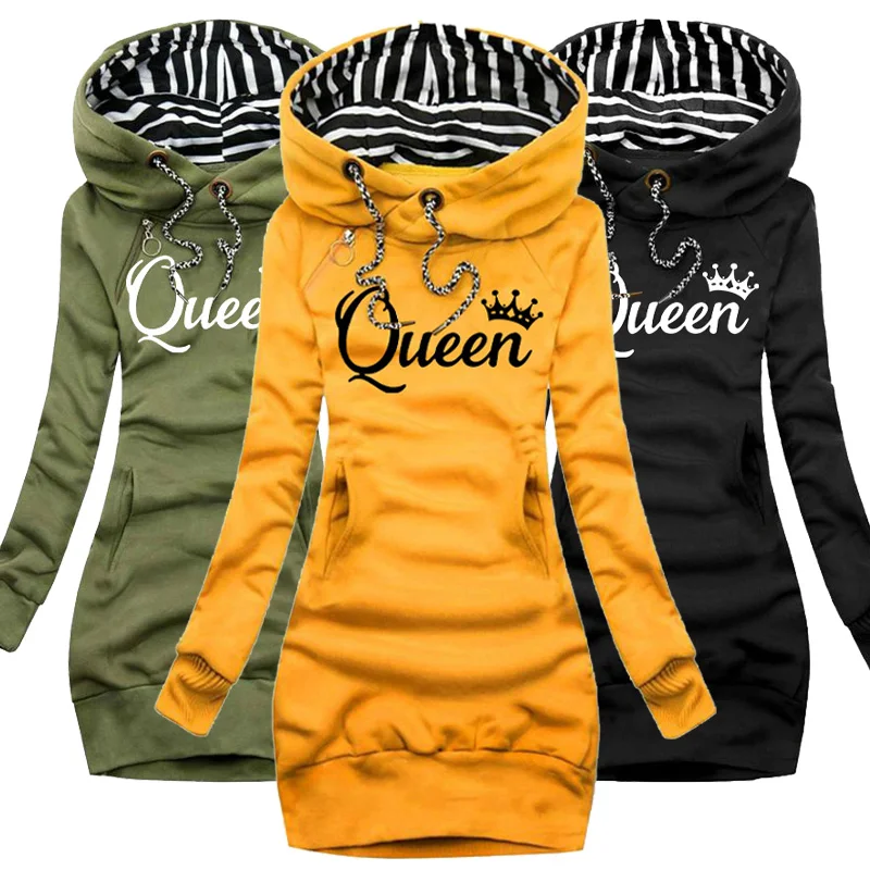 

Fashion Women Casual Solid Color Long Sleeve Drawstring Hoodie Dress with Pocket Slim Hooded Pullover Sweatshirt Dress