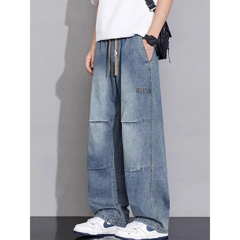 

Retro Loose Fit Men's Light Blue Workwear Denim Pants Crumpled Design Wide Leg Jeans Youthful Trendy Casual Wear Summer