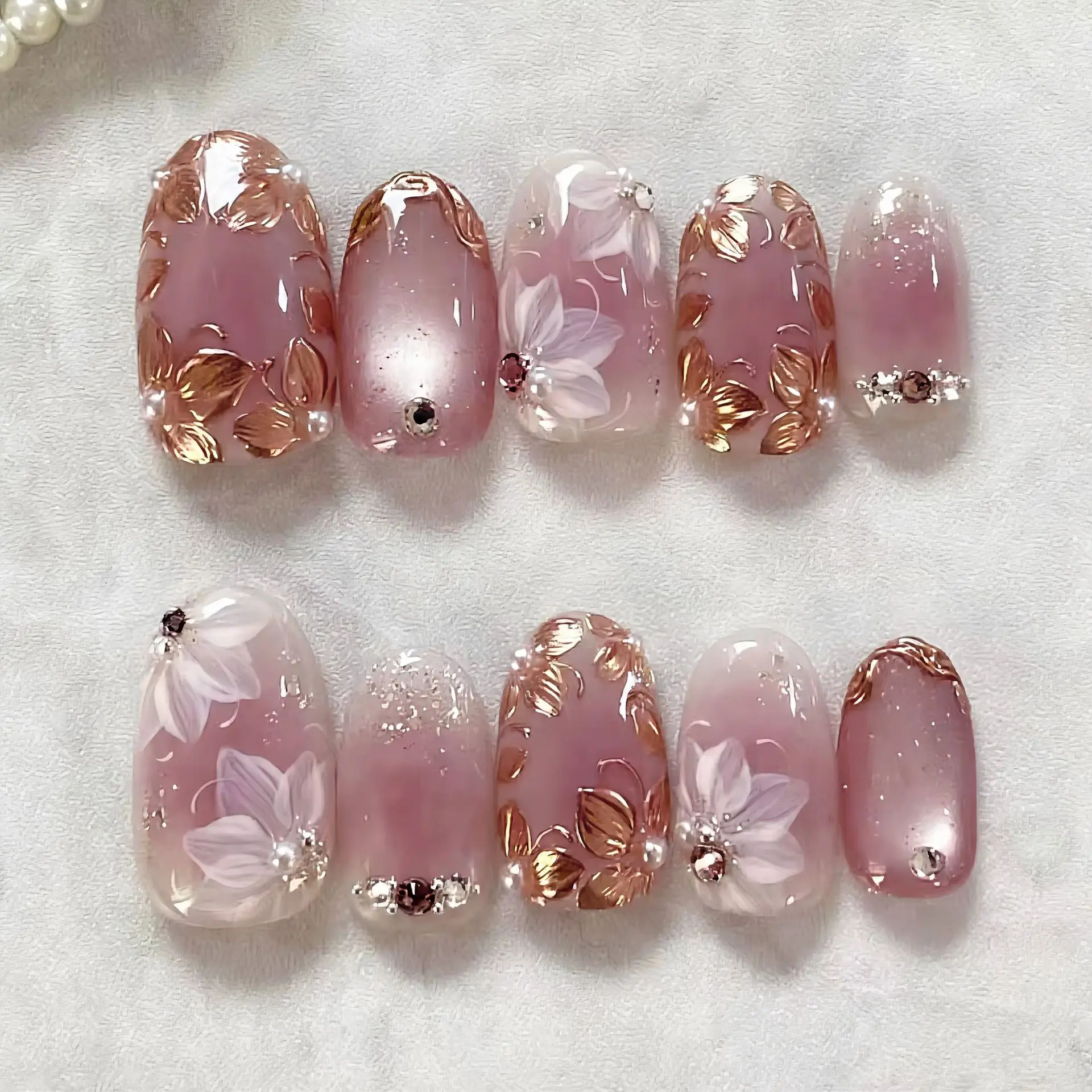 

24pcs Gilded Flower Nail Sets Glitter Cat's Eye False Nails Sweet Pink Blush Almond Press on Nails Pearl Rhinestone Fake Nail