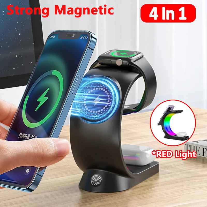 15W 4 in 1 Magnetic Wireless Charger Stand for iPhone 14 13 12 Pro Max RGB Lights Fast Charging Station for Apple Watch AirPods