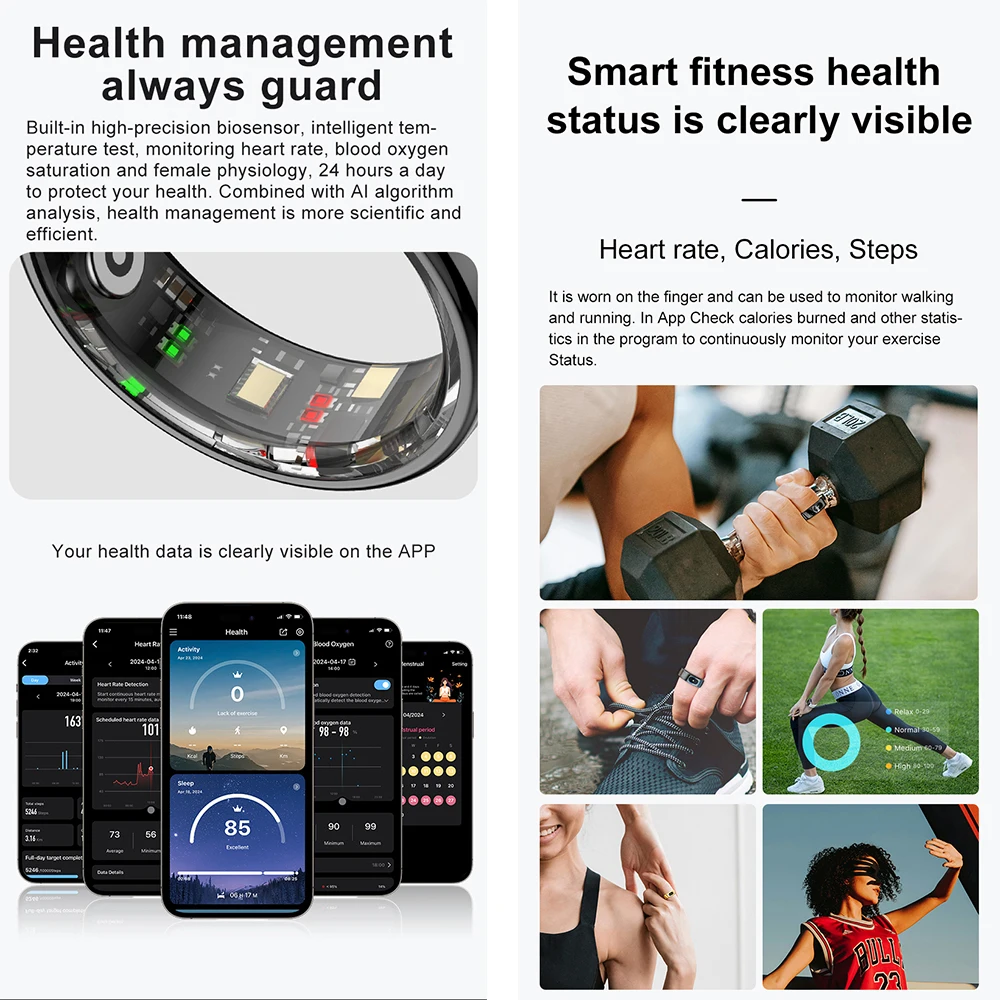 R08 Fitness Tracker แหวนสมาร์ท 5ATM กันน้ําพร้อมไฟแสดงสถานะแผงสัมผัสผู้ชายผู้หญิงสมาร์ทแหวนอุณหภูมิผิว SpO2 แหวน