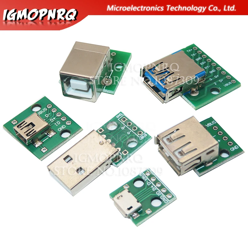 10PCS USB Male Connector / MINI MICRO USB to DIP Adapter 2.54mm 5pin Female Connector B Type USB2.0 Female PCB Converter