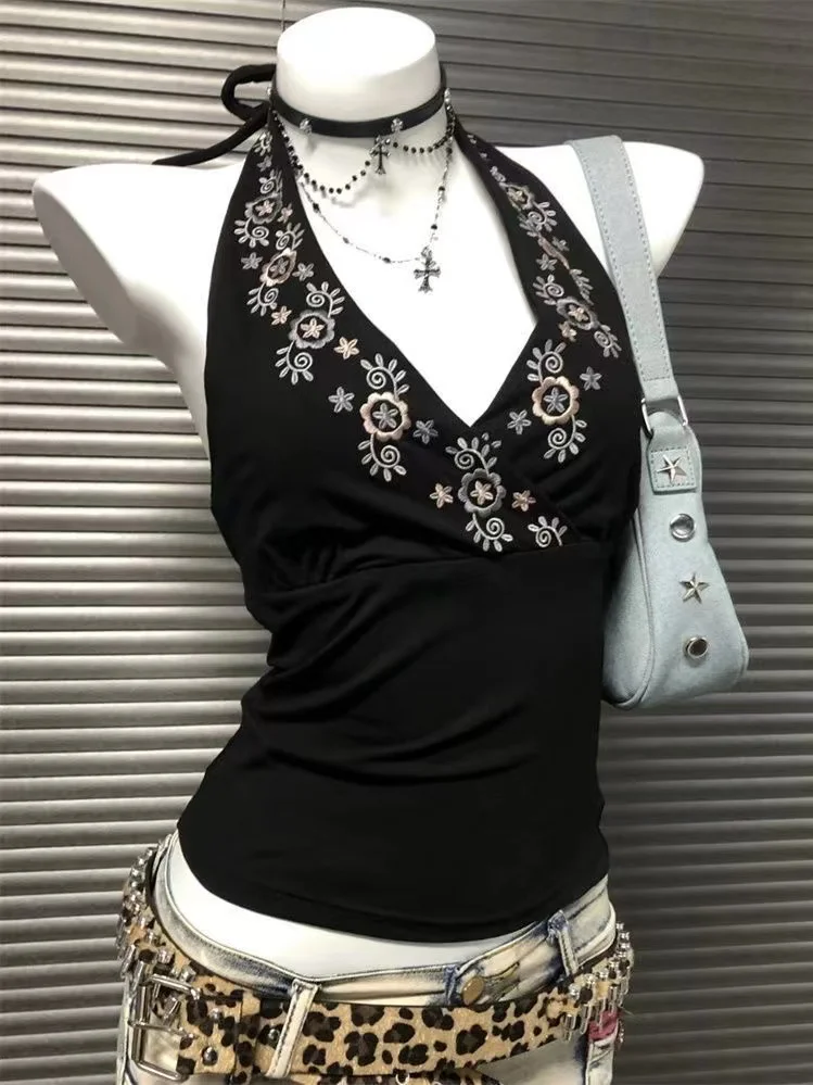 Gothic Vintage Black Slim Slash Neck Vest Women High Street Sexy Backless Design Tees Summer Japanese Subculture Retro Tank Tops