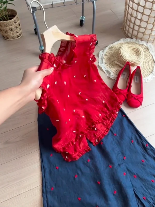 

Retro Red Button-Up Sleeveless Shirt Women's Summer New Style Wood Grain Design Sensation Top Breathable Thin round Neck