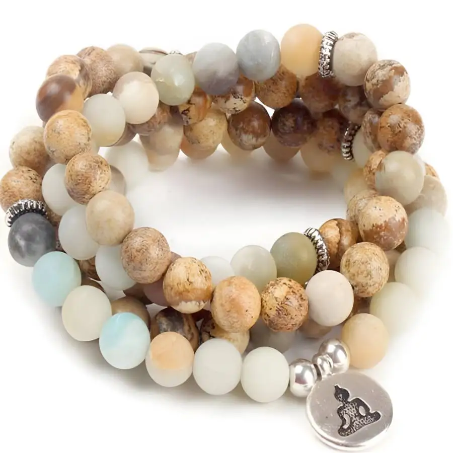 

8mm Picture stone 108 Buddha Beads Bracelet Buddha Men's zazen Bodhi Hand Gemstone tassel Women Mala Stone Yoga Meditation