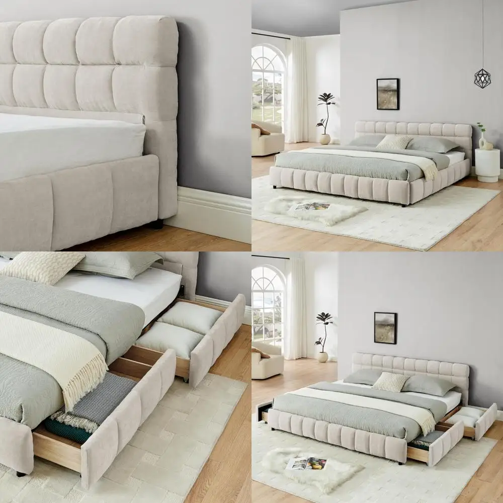 

Кровать размера «king-size» с обивкой, 4 ящиками для хранения и изголовьем, современная кровать-платформа из мягкой ткани шенилл на деревянных ламелях