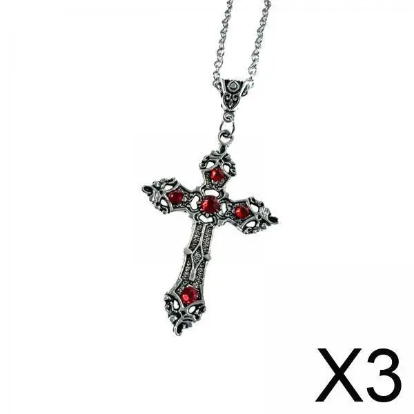 Gothic Cross Pendant Necklace for Men Women Red Rhinestone Alloy Faith Jewelry for Christening Gift