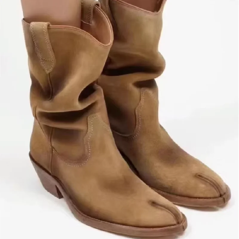 

Tabi Western Ankle Boots For Women Shoes Cowboy Pleated Para Mujeres Botas De Tornozelo Heels Sapatos Feminino Com Frete Gratis