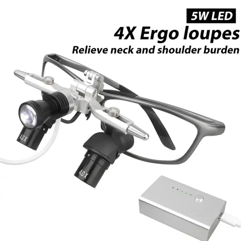 Ergo 48 ° Dental Loupes 4X 5X Medical Optical Magnifier with 5W Profesional Headlamp Surgery Lupa Prevent Bending Lowering Head