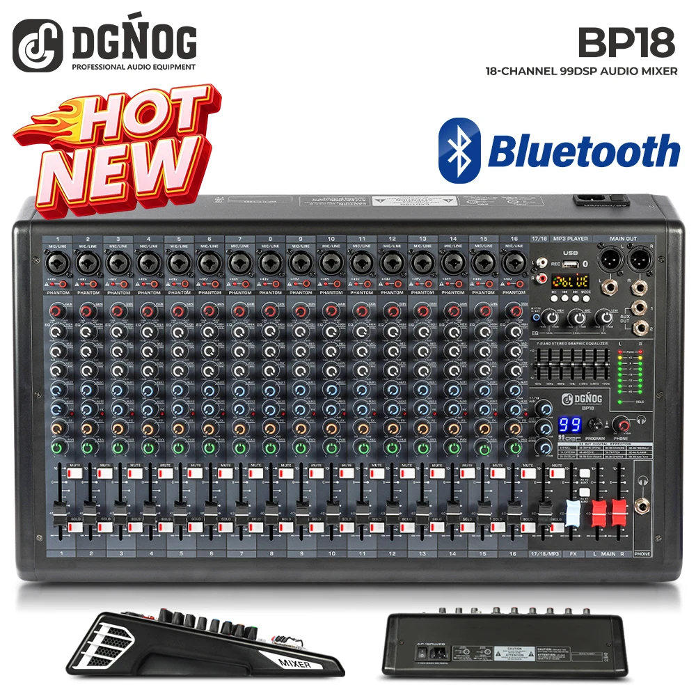 

18-Channel Audio Sound Mixer DJ Mixer with USB Interface 48V Phantom Power 99 DSP Sound Effects Suitable for Stage DGNOG BP18