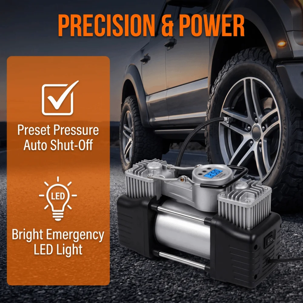 

High Power Dual Cylinder Pump Compact Multi-functional Car Air Pump Digital Display Oil Free Air Compressor for Car Painting