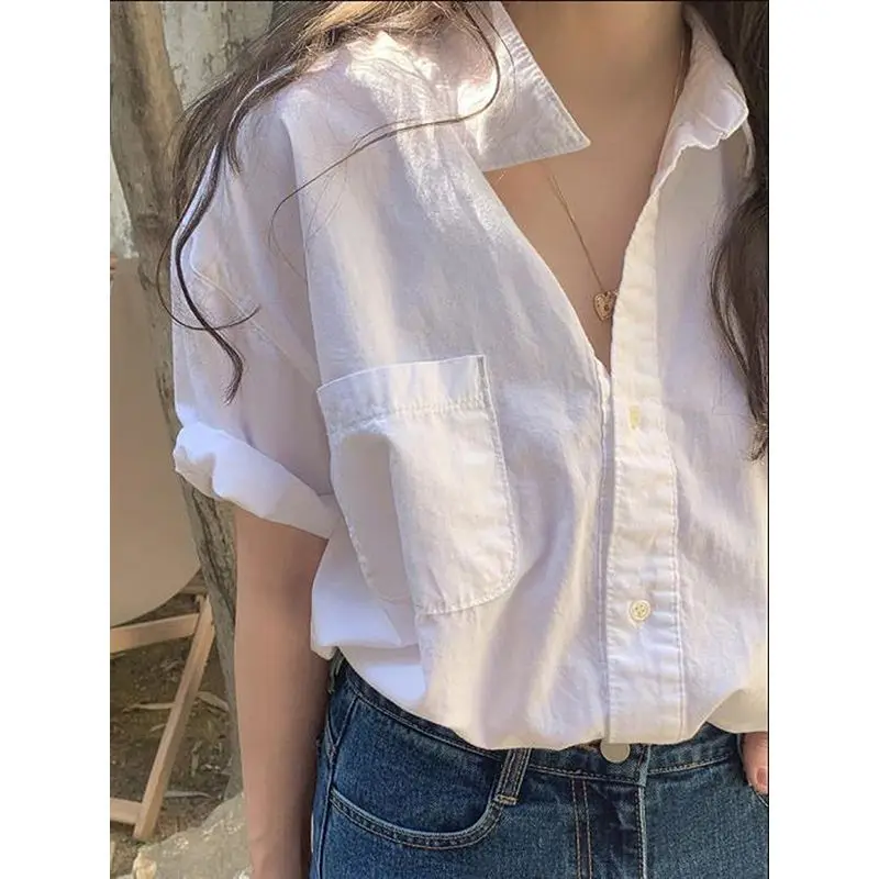 Fashion Simple Outer Short Sleeve Blouse Summer Thin Temperament White Shirt Blouse Women Premium Casual Shirt