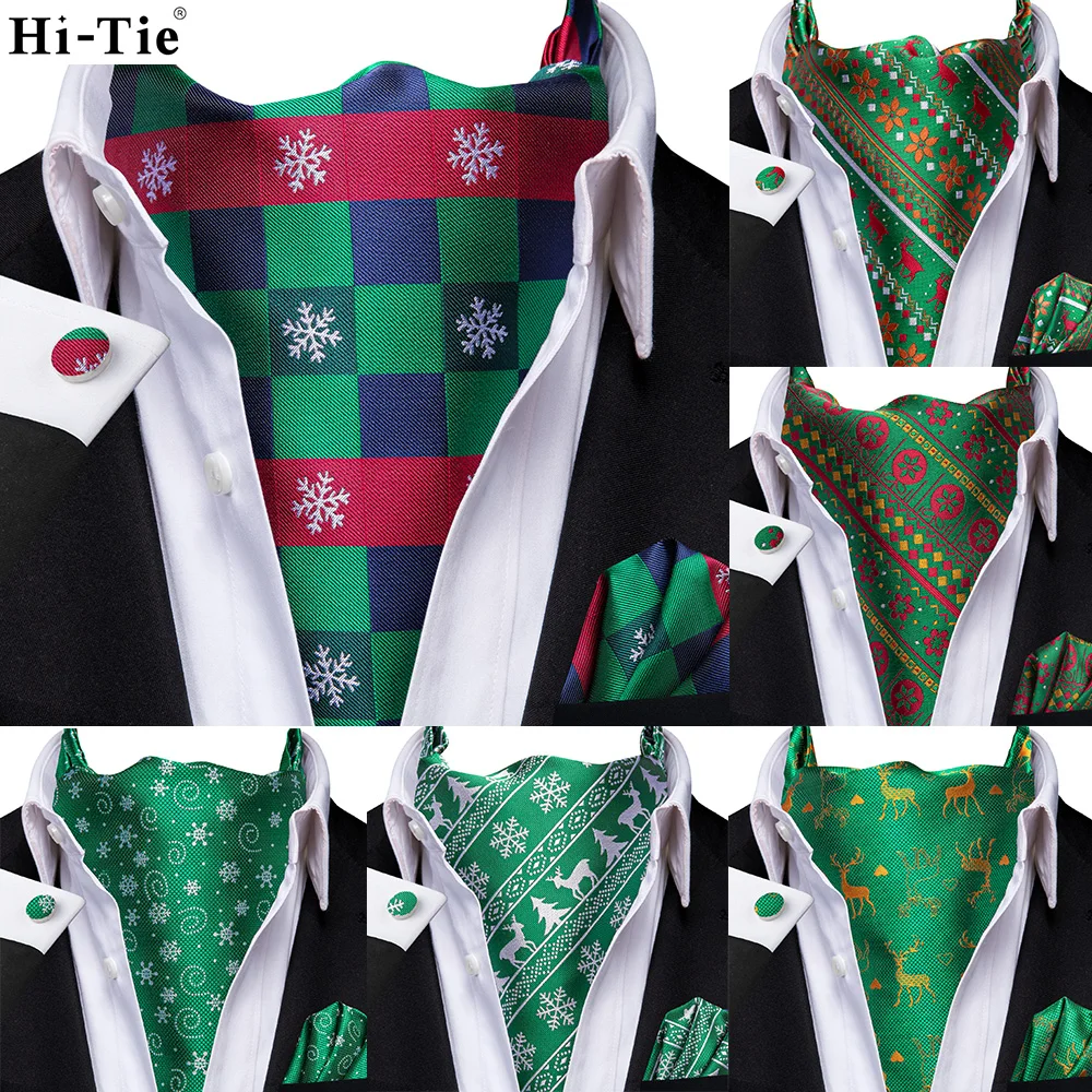 

Hi-Tie Green Red Silk Mens Christmas Ascot Hanky Cufflinks Set Jacquard Snow Vintage Xmas Cravat Tie Wholesale for Male Prom