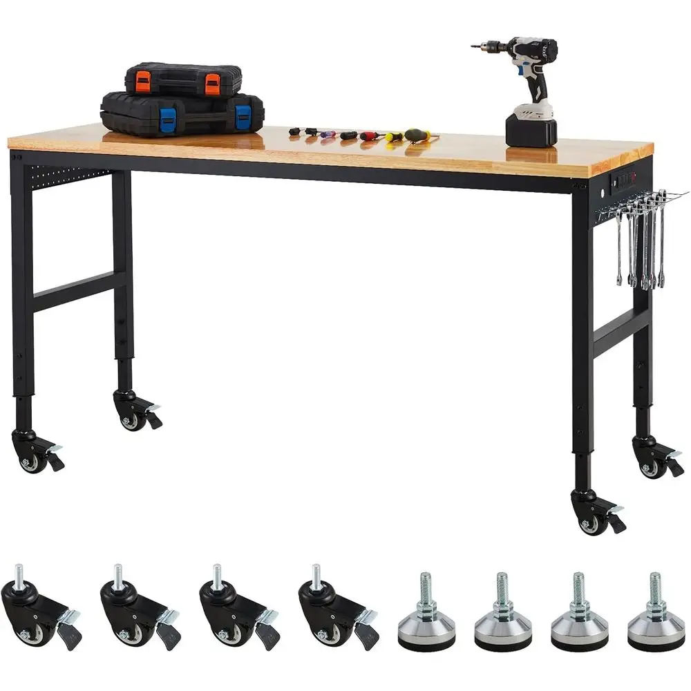 72"x25" Workbench, Heavy-Duty Garage Work Table, Heavy-Duty Table with Power Outlets, Rubber Wood Top, Adjustable Height 29.5"-3