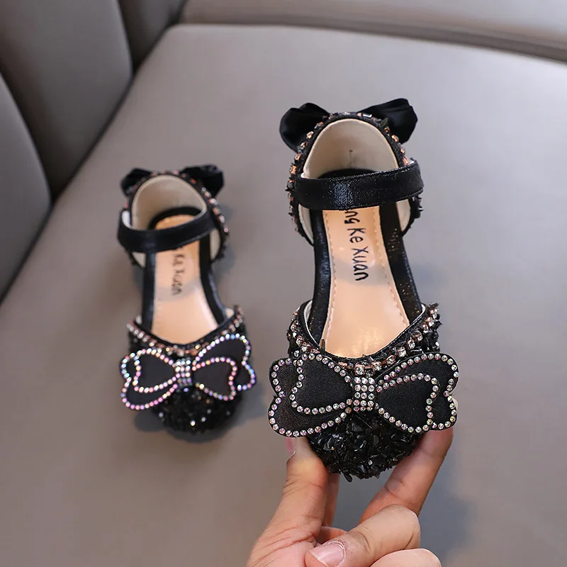 Little Girl Rhinestone Bow Sandals Fashion Kids Cute Pearl Princess Dance Single Shoes Children\'s Party Wedding Sandals J46