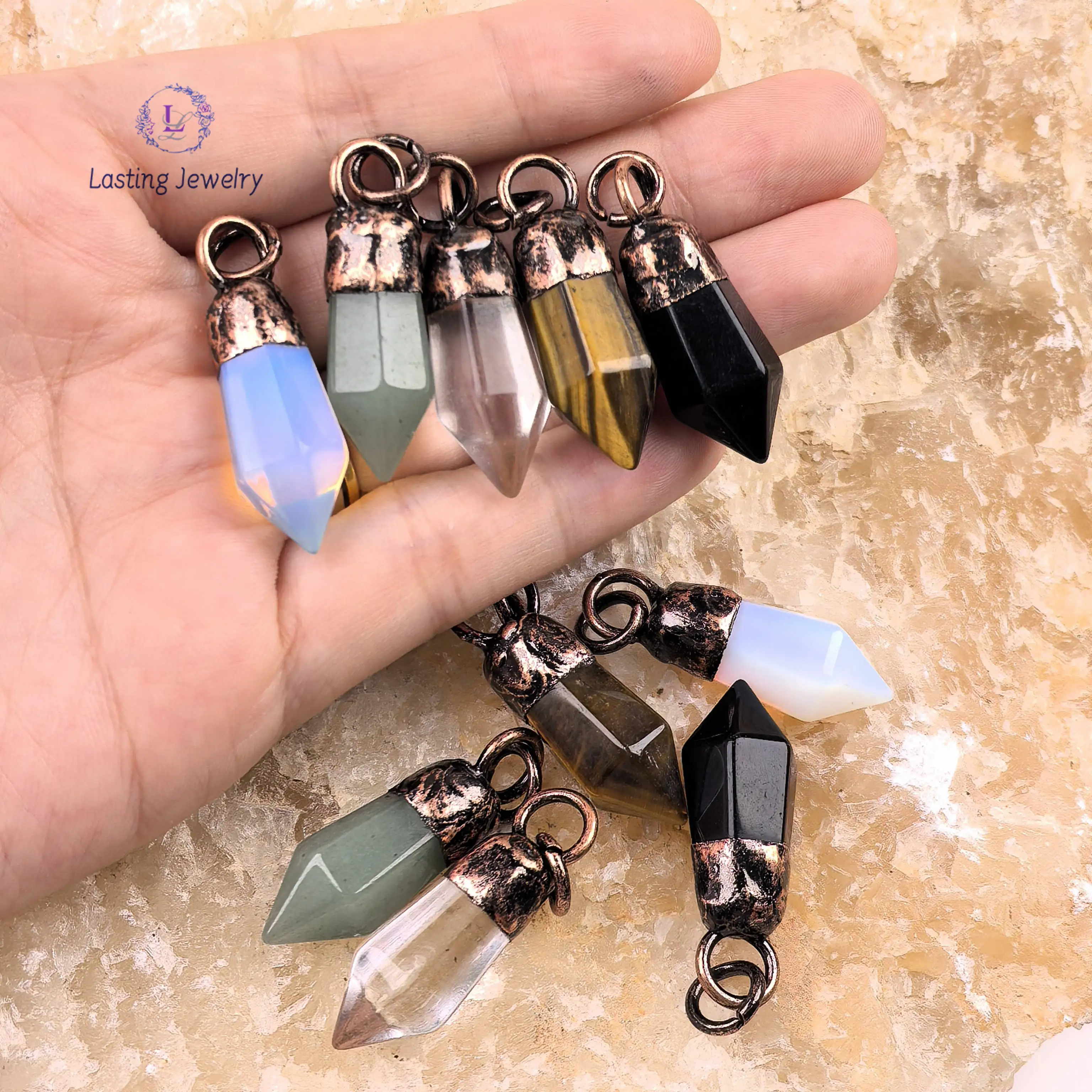 العتيقة النحاس سداسية نقطة الأحجار الكريمة المعلقات ، الريكي كريستال سبج عين النمر البندول المعلقات عقد بطرا عتيق لتقوم بها بنفسك مجوهرات