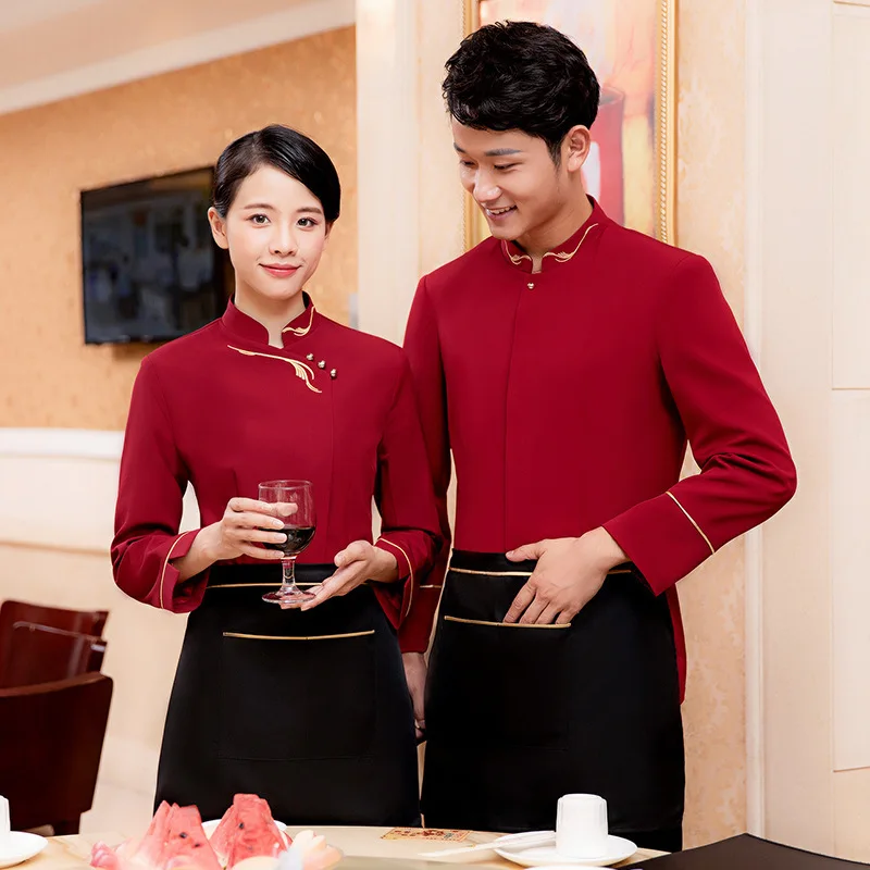 Uniformes de trabalho do hotel outono inverno feminino pote quente restaurante churrasco casa chá estilo chinês garçom manga longa unisex
