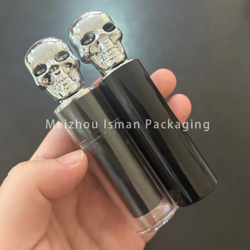 50 pçs vazio preto natal dia das bruxas metal tira crânio cabeça batom recipiente de maquiagem tubos de bálsamo labial embalagem de brilho labial
