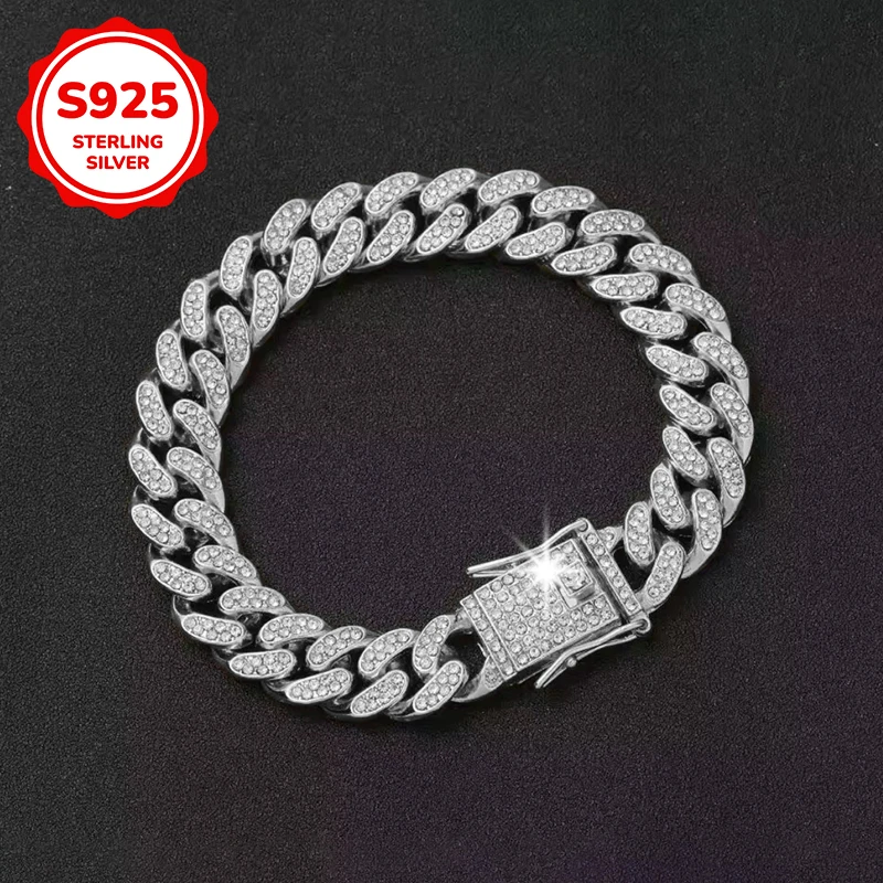 Una lujosa pulsera para hombre, de estilo hip-hop, con una gruesa cadena cubana y hecha de plata de ley S925 con incrustaciones de circonitas, es un regalo ideal para hombres.