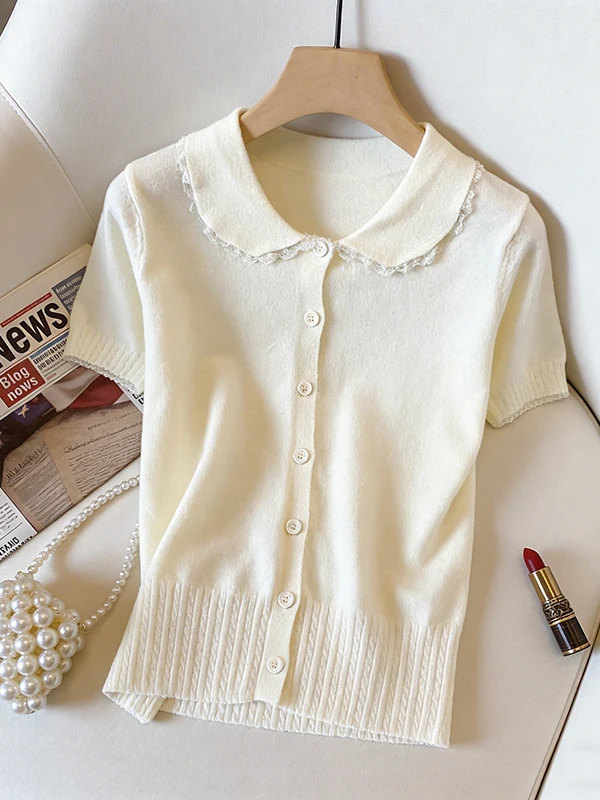 

Large Size Lace Trimmed Doll Collar Knitted Top Women's Summer New Style Small Fragrance Wind Shoulder Short Sleeve T-shirt