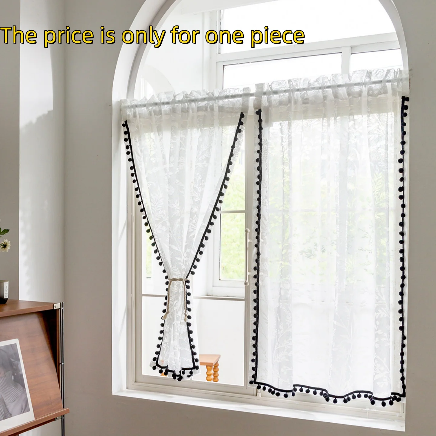 1 Stück Landhausstil Schlafzimmer Küchenfenster-Vorhang, Mondschatten-Pompon-Besatz Transparenter Türvorhang, Kurze Halbvorhänge