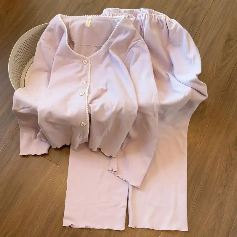 

Young Girl Lace Pajamas Sets Princess Kawaii Sexy Sweet Long Sleeves Pants Leisure Wear Loose Four Seasons Clothes Sealing Wear