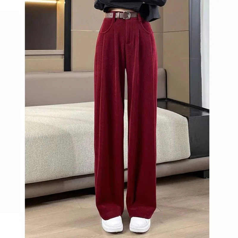 

2025 Spring Women Vintage Solid Color Straight Leg Pants Female Chic Korean High Waisted Trousers Lady Fashion Baggy Suit Slacks