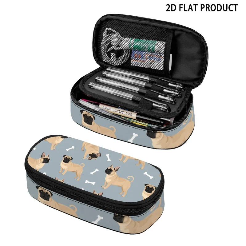 Light Brown Pug Print Pencil Case, Cute Pencil Pouch with Zipper Compartment, Polyester Pencil Bag, Playful Bone Pattern