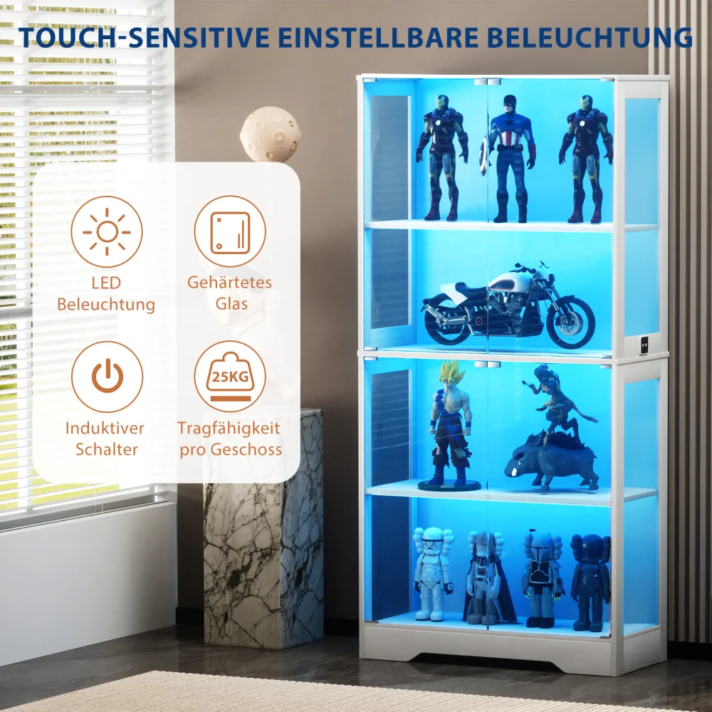 Vierstöckige Glasvitrine mit Stauraum, LED-Beleuchtung, Glastüren und intelligenten Sensoren, staubdichte Glasvitrine – Detail 33