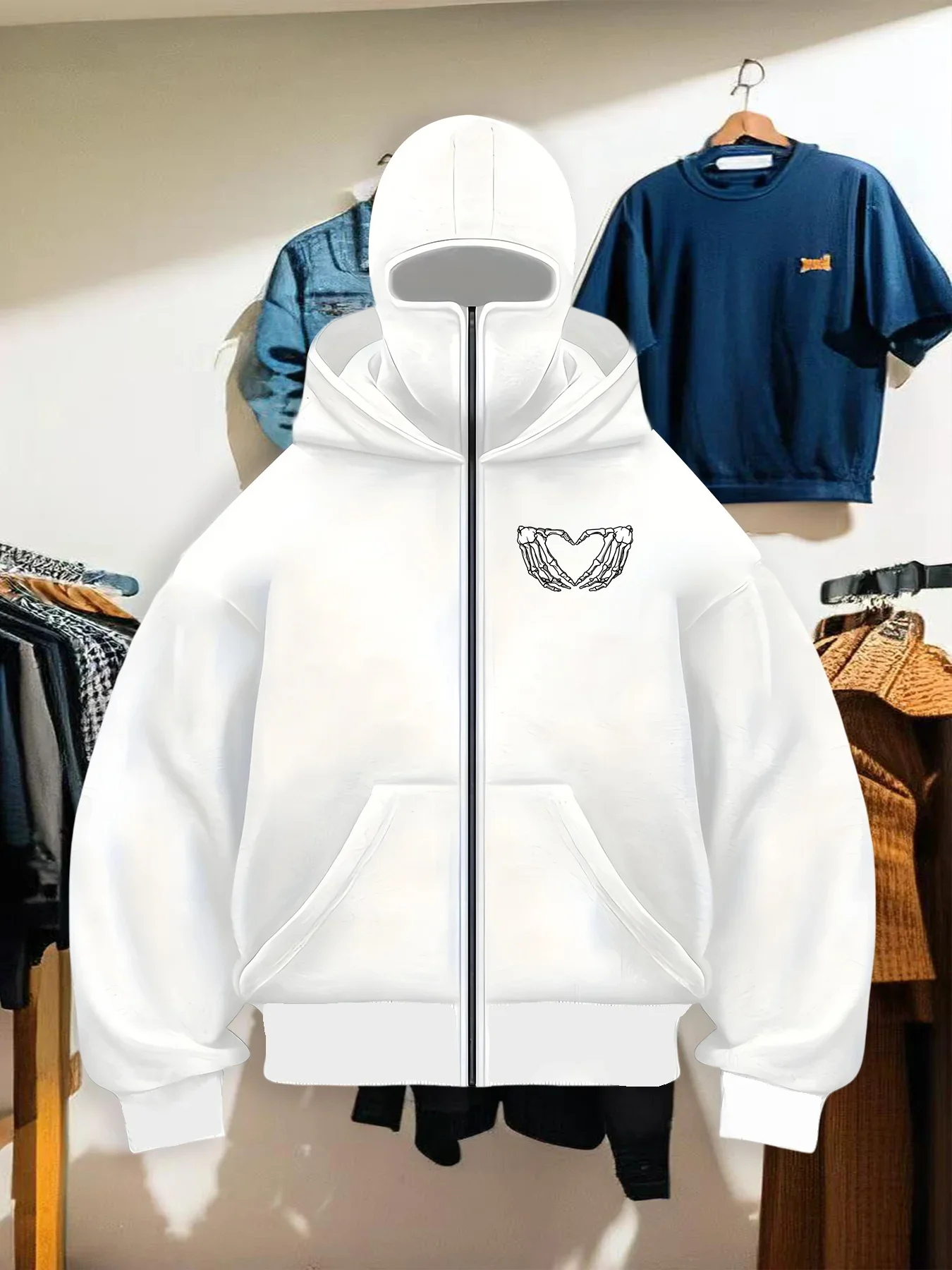 Autumn and Winter Hooded Warm Hoodies for Men and Women, Featuring Skull and Heart Pattern Prints That Are Trendy and Exquisite