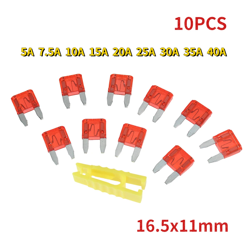 10PCS 16.5x11mm Car Fuse Assortment Set Small Blade Type Insert Fuses 5A 7.5A 10A 15A 20A 25A 30A 35A 40A with Clip