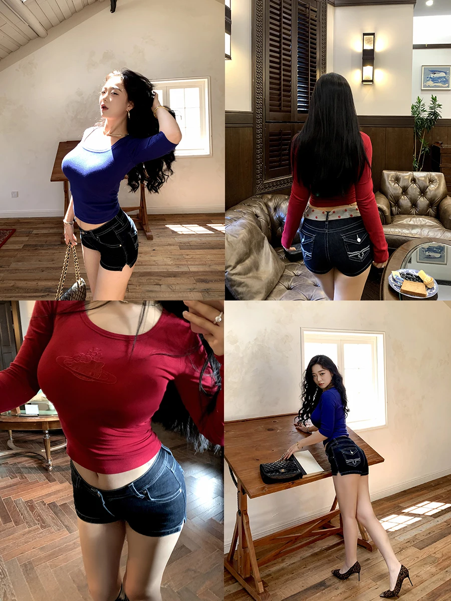 

Женские джинсовые шорты Slim Fit Cherry с вышивкой, низкой посадкой, на молнии, для полных девушек, осенняя коллекция