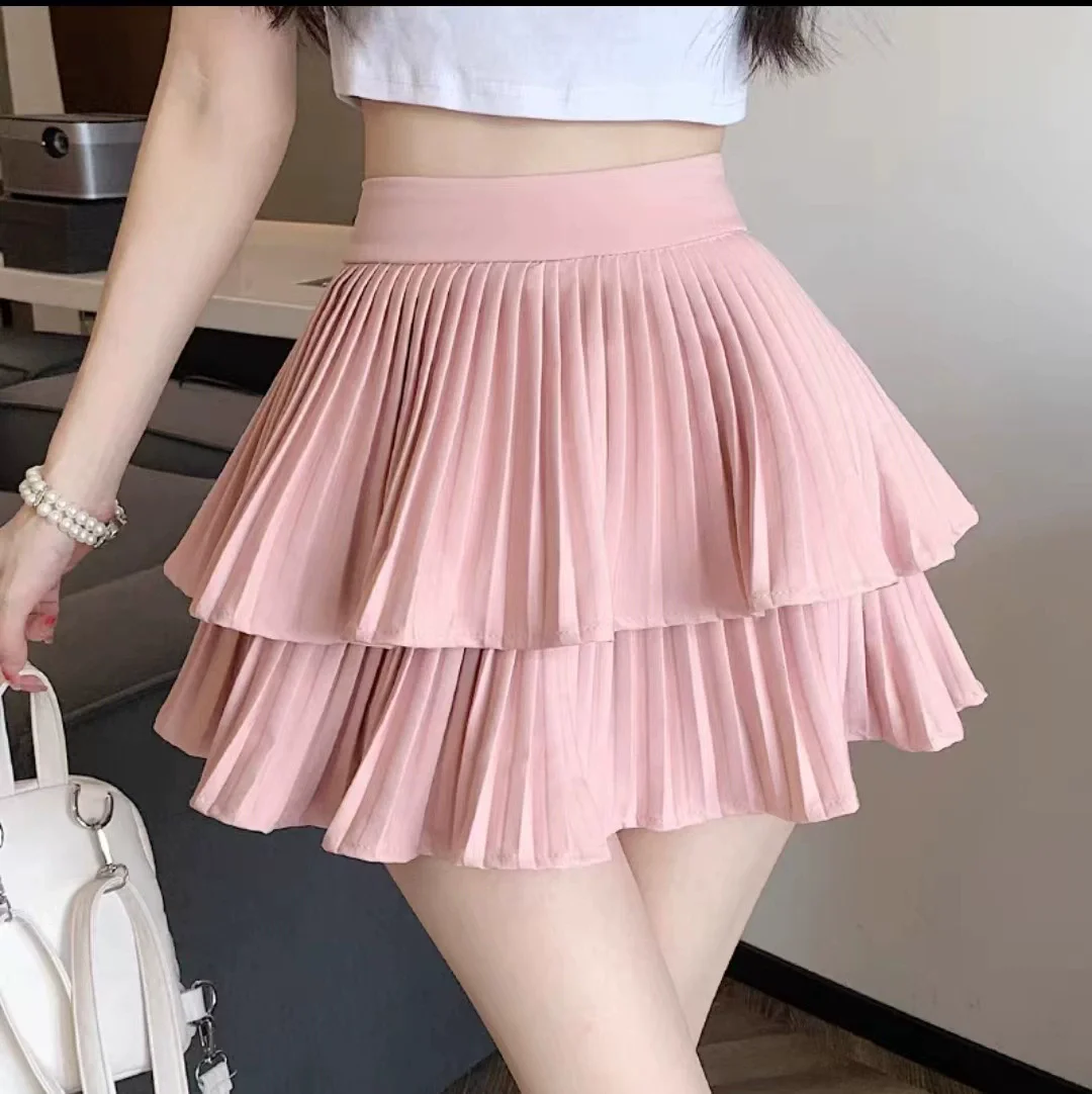Preppy Style Elastic High waist Fluffy Skirt Double Layered Pleated Ruffled Edge Mini Cake Skirt Cute Hotsweet Y2K Skirt Pants
