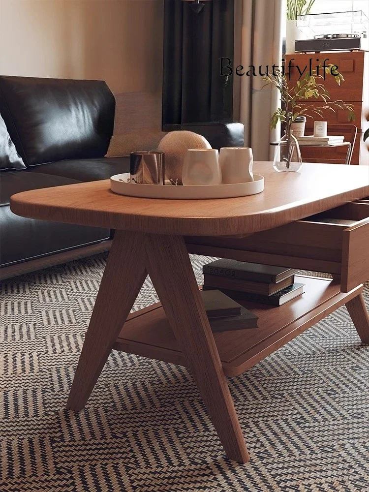 6 طاولة القهوة الخشبية الصلبة الشمال العتيقة طاولة استخراج مزدوجة غرفة المعيشة طاولة شاي بسيطة مع درج أثاث غرفة التخزين