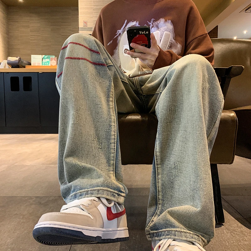 

Waed American Sle Straight Leg Jeans Men's Casual Trendy High Street Hong Kong Sle Hip Hop Pants Spring Autumn