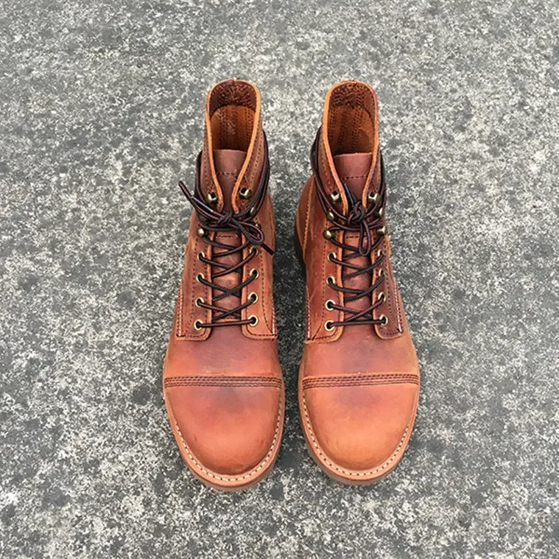 New Style British Genuine Leather Tooling Men Shoes Round Toe Casual Ankle Boots Lace-Up Spring Winter Dress Motorcycle Boots