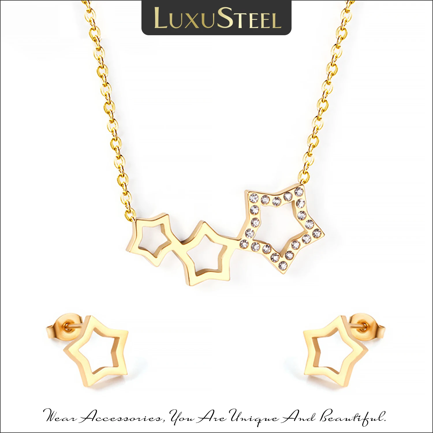 LUXUSTEEL Hollow Out Star Zirconia Jewelry Set Female Accessories Trendy Style Golden Stud Earrings Stainless Steel Collars