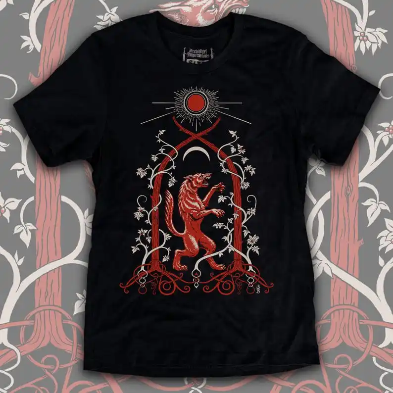 Heraldic Wolf mens screen-printed T shirt, red Werewolf under sun & moon in silver vined forest trees