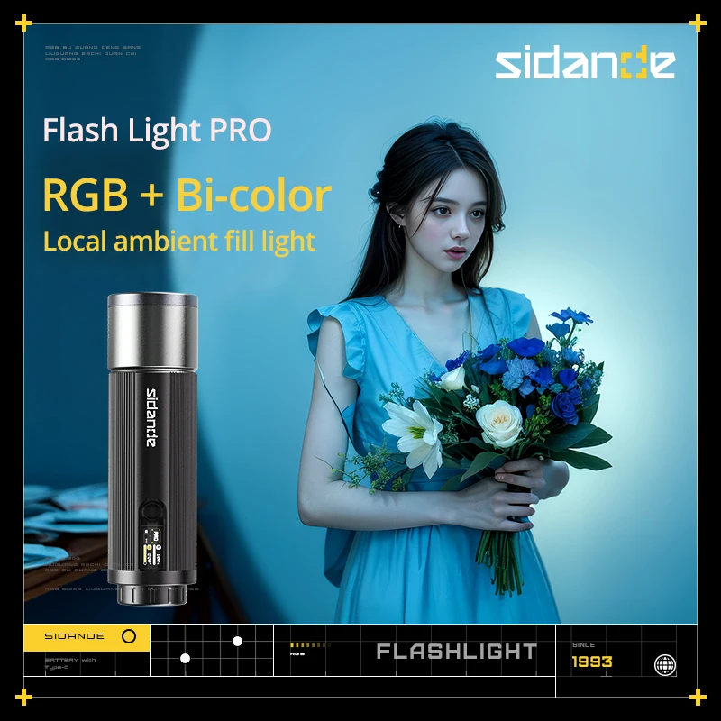 SIDANDE 12W 손전등 PRO 3500-7000k RGB 조명 내장 9000mAh 배터리 내구성 150분 최대 전력 출력