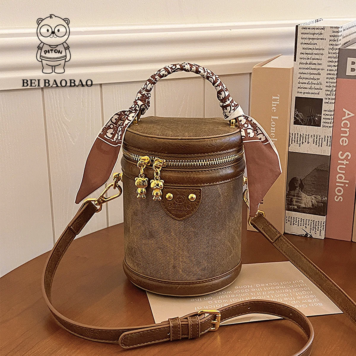 Beibao Water Bucket Bag Women\'s One Shoulder Crossbody Bag Fashion Retro Original Design Texture Versatile Handheld Cylinder Bag