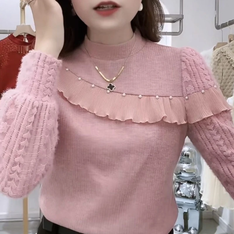 2024 Autumn and Winter New Popular and Popular Knitwear Autumn Beaded Ruffle Edge Long Sleeves Show Slim Inner Layup Top for Wom