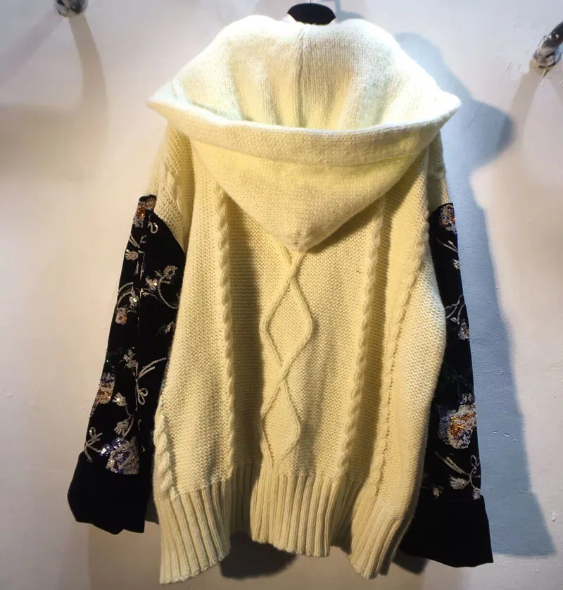 Cardigan amincissant à capuche pour femmes, manteau à manches en velours, coutures à paillettes, mode rétro, optique, vêtements d'automne, nouveau, 2023