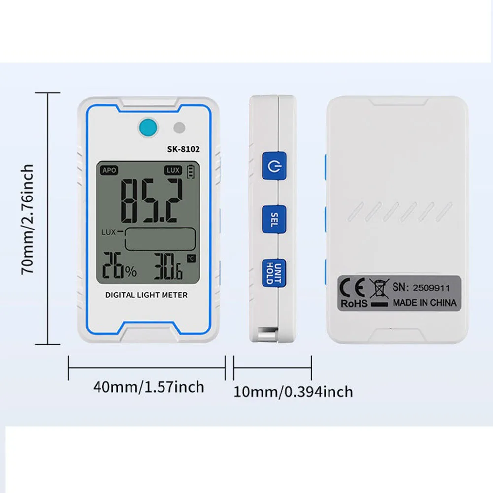 

Цифровой люксметр SK-8102 для MINI с функцией обнаружения мерцания стробоскопа 10Гц-10кГц, 0.1-999900 люкс, перезаряжаемый через USB-C